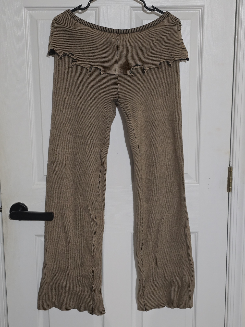 Fashion Nova Taupe Ribbed Ruffle-Waist Wide-Leg Pants